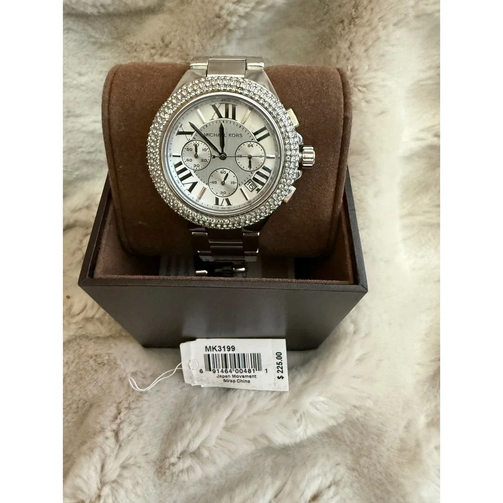 Michael Kors MK3199 Ritz Silver Tone Pave Crystal Chronograph Watch New Battery?